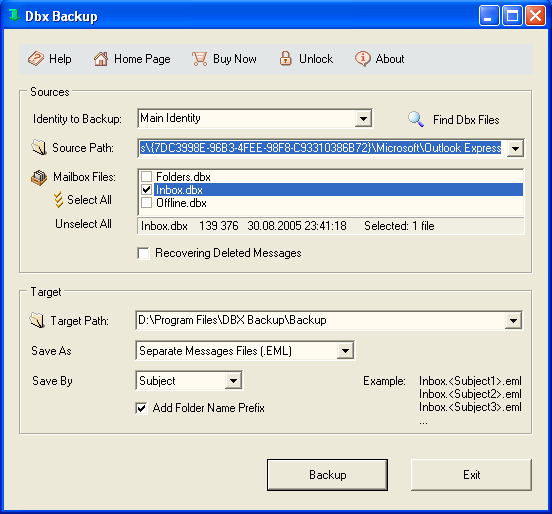DBX Backup Screenshot